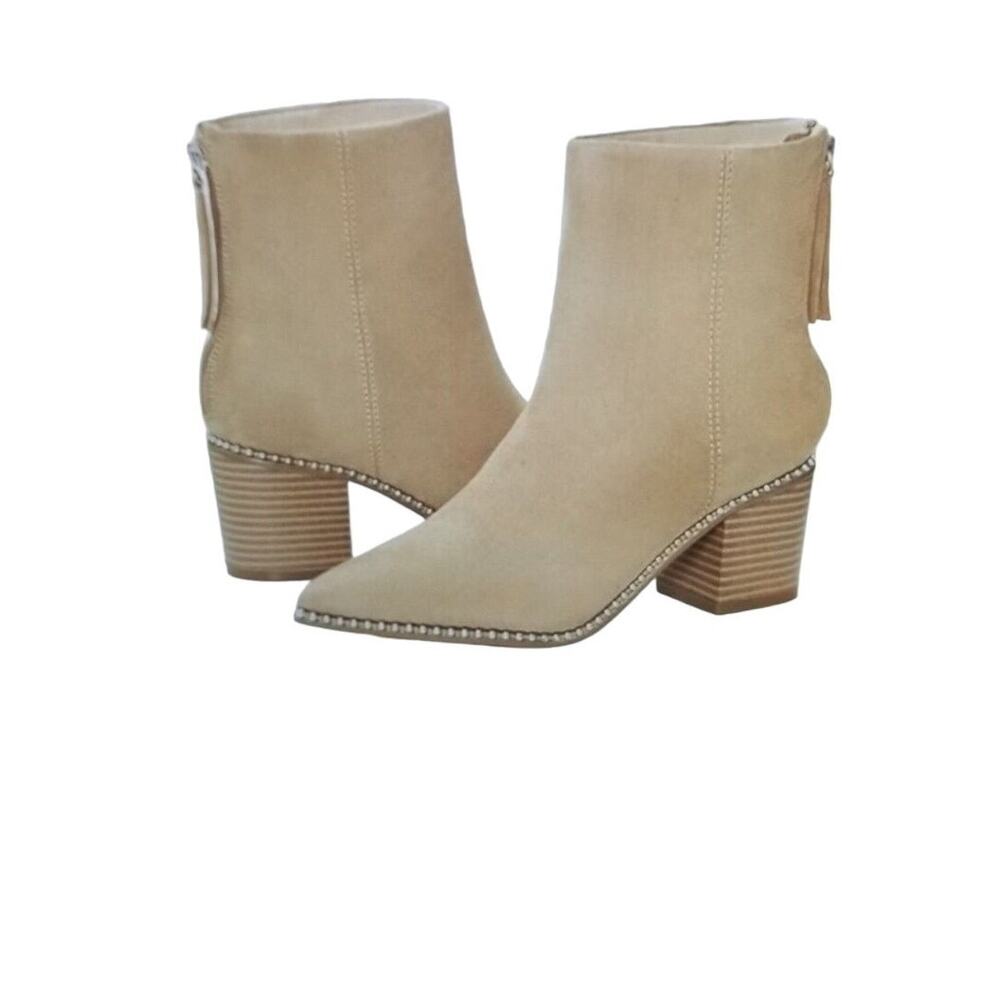 LAICIGO Women's Beige Pointed Toe Ankle Boot Chunky Block Heel Back Zipper Sz 11